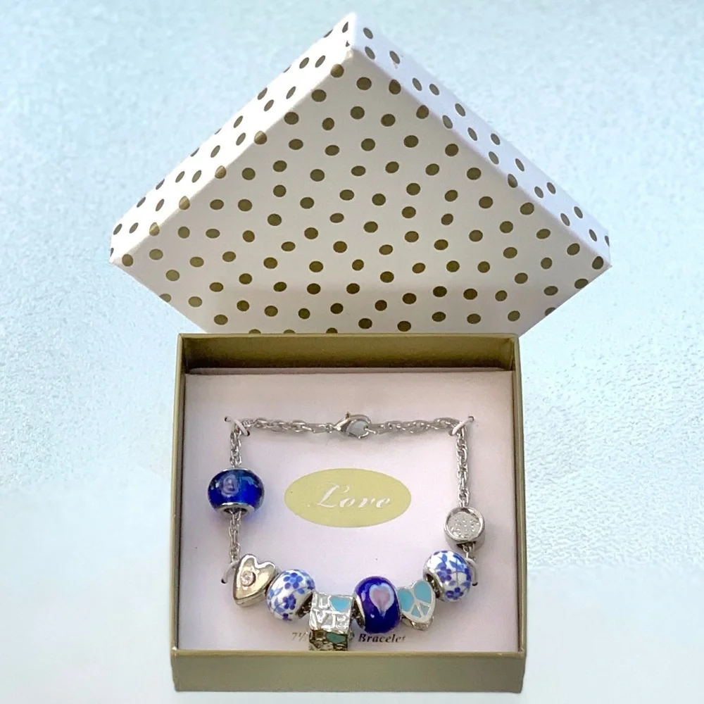 Peace and Love Blue and White Multi-Shape Beads Silver Tone 7-1/2” Bracelet